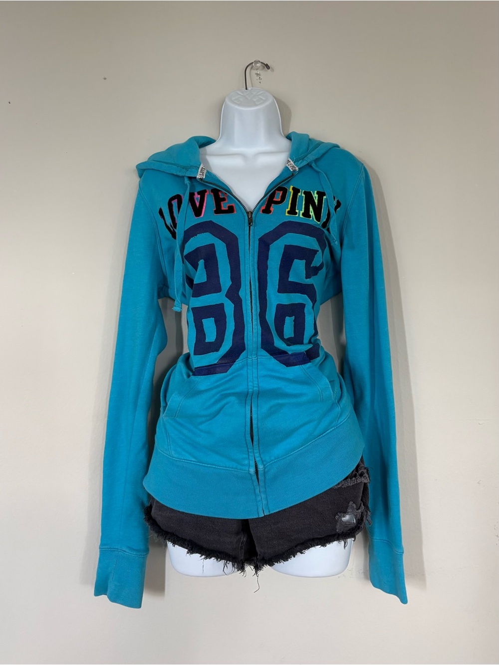 Vintage 2010 Victoria’s Secret PINK Teal Bkue Varsity Zip Up Hoodie Size L